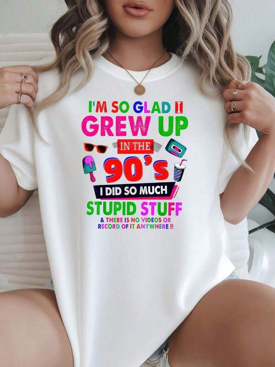 Camiseta de Mujer Estilo Retro de los 90 Opciones en Blanco y Negro Estampado Colorido Estoy Tan Feliz de Haber Crecido en los 90 Camisetas Gráficas V - Blanco - Ver 1