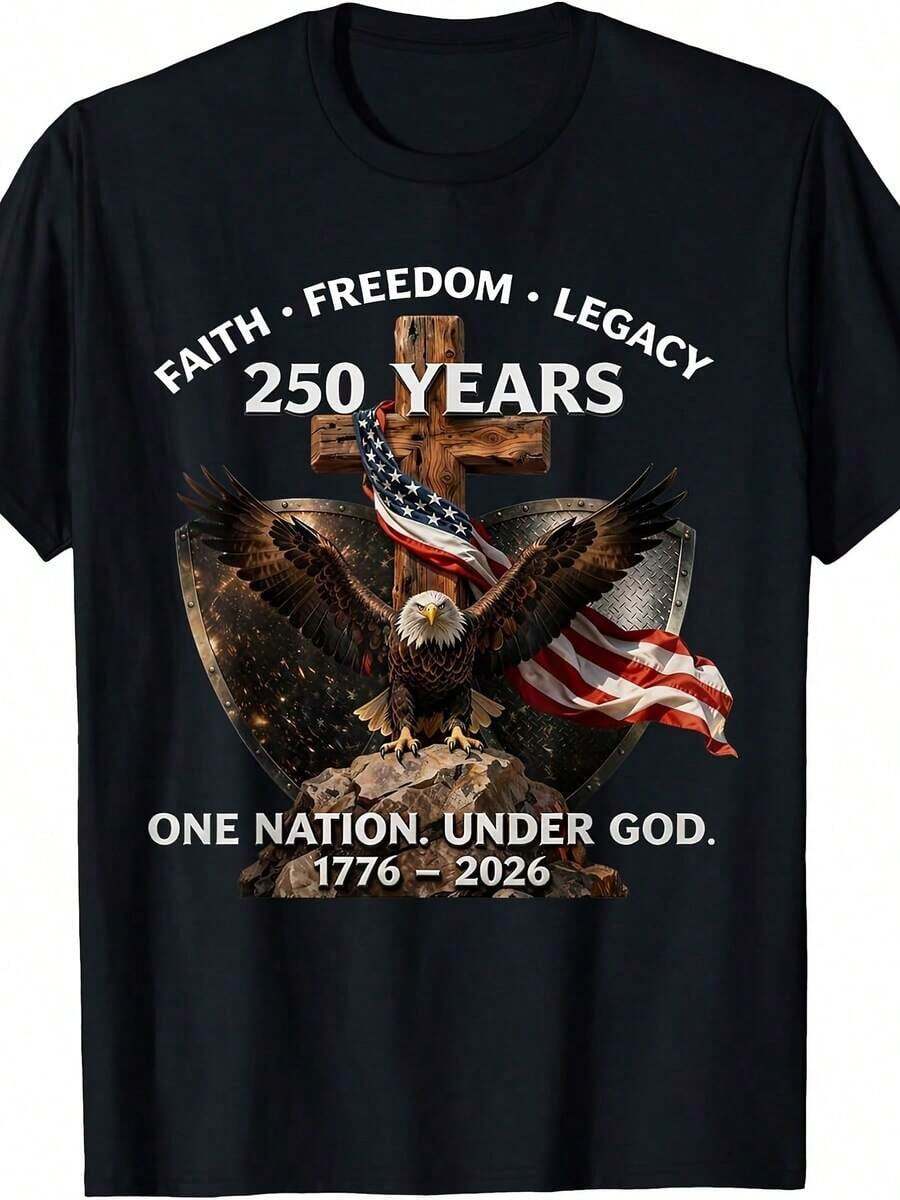 1 camiseta del 250º aniversario de EE. UU. - Faith Freedom Legacy 1776 2026, diseño retro, camiseta vintage de historia con estampado de 250 años de independencia, lavable a máquina, adecuada para uso casual y eventos históricos, 180g Algodón 100%. - Negro - Ver 1