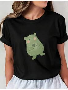 Camiseta Estampada para Mujer en Negro con Diseño Gráfico de Oso Verde - Camiseta Casual de Manga Corta y Cuello Redondo, Corte Relajado para Todas las Estaciones, Perfecta para Uso Diario y Vacaciones (Lavable aáquina). - Negro - Ver 6