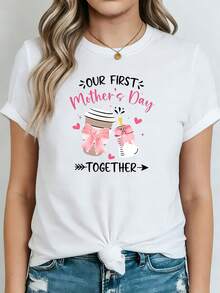 1 pieza de ropa elegante para mujer, estilo dulce y relajante, con estampado "NUESTRO PRIMER Día de la Madre JUNTOS", camiseta de talla grande para mujer, ideal para el Día de la Madre, fotos de padres e hijos y conjuntos para nuevas mamás, de manga corta, se puede usar para el día a día, 180g, 100% algodón. - Blanco - Ver 1