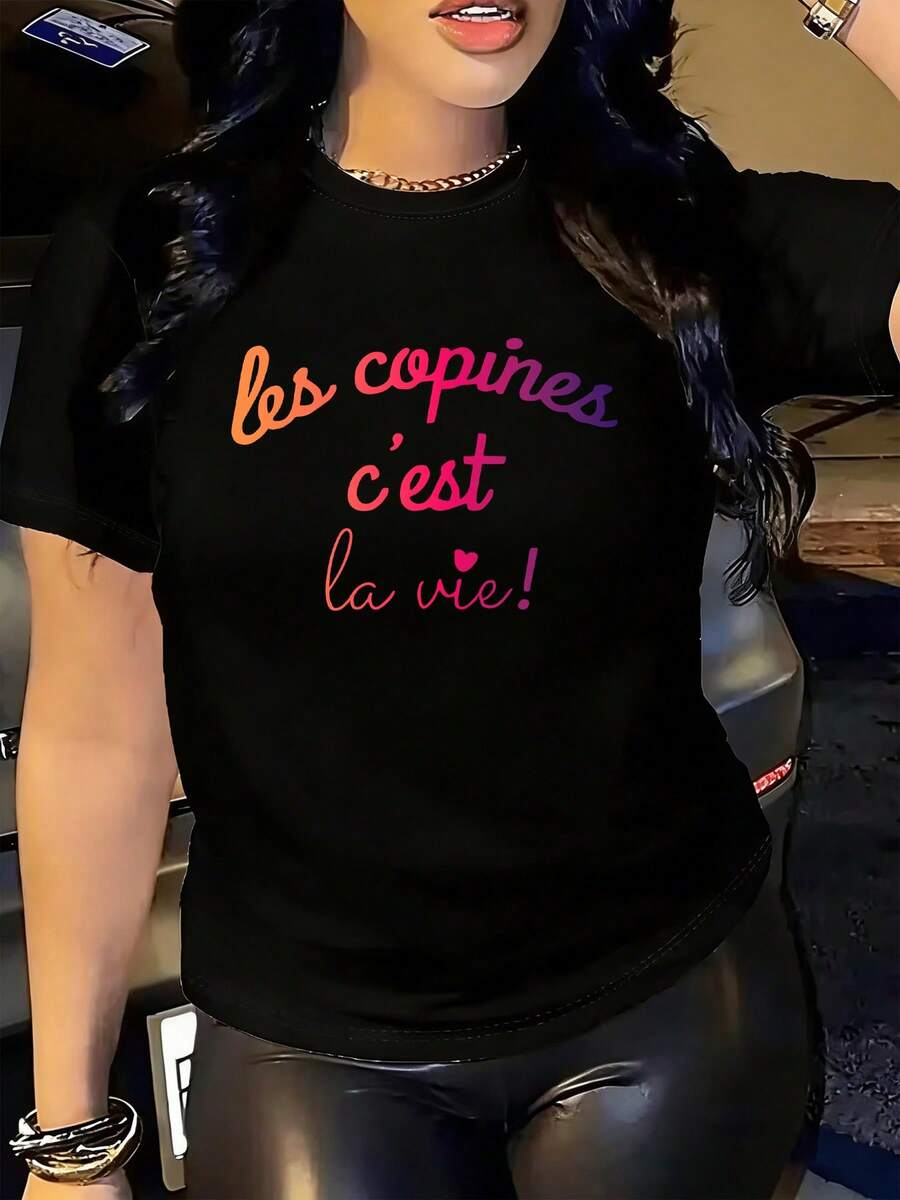 Camiseta de manga corta y cuello redondo para mujer, con la estampada "Les Copines C'Est La Vie!", cómoda y a la moda, ideal para uso diario casual - Negro - Ver 1