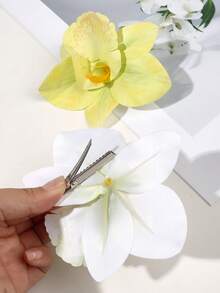 2件/組 春夏白色與黃色仿真3D蘭花與蝴蝶夾式髮夾，優雅波西米亞海灘度假穿搭配件，時尚派對頭飾，髮爪夾，髮夾 - 彩色 - 查看 4
