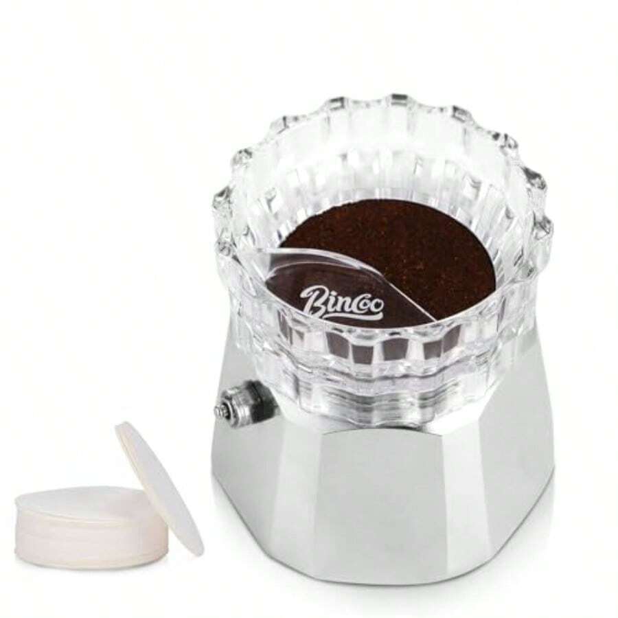 Bincoo - Dispensador de ollas Moka con 100 piezas de papel de filtro, relleno de polvo giratorio, embudo, taza receptora de polvo, accesorios para ollas Moka pequeño - 2-3 tazas de espresso - Set de regalo pequeo para 23 tazas de espresso - Ver 1