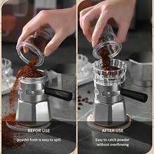 Bincoo - Dispensador de ollas Moka con 100 piezas de papel de filtro, relleno de polvo giratorio, embudo, taza receptora de polvo, accesorios para ollas Moka pequeño - 2-3 tazas de espresso - Set de regalo pequeo para 23 tazas de espresso - Ver 2