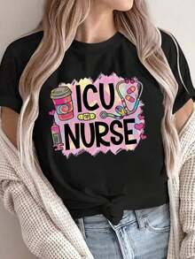 Camiseta de manga corta con estampado frontal para mujer, de tela cómoda y transpirable, estilo casual y Y, adecuada para primavera y verano. - Negro - Ver 7