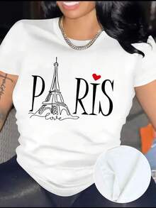 1 Women's Casual Short Sleeve T-Shirt, Decorated With A Paris Theme And Eiffel Tower Design, Stylish Round Neck Sports T-Shirt, 180g 100% Cotton. - 黑色 - 查看 6
