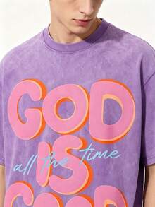 Men's God Is Good Distressed Graphic Tee, Oversized Crew Neck Short Sleeve Vintage Wash T-Shirt, Unisex Boyfriend Fit - 紫色 - 查看 3