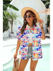 Plus Size Women's 3d Fashion Shirt, Floral Tropical Hawaiian Print, Vibrant Summer Vacation Look, Stylish Beach Button-Down Top, Women's Summer Fashion Dress, Women's Chic Blouse. Women's Blouses - 風格 - 查看 5