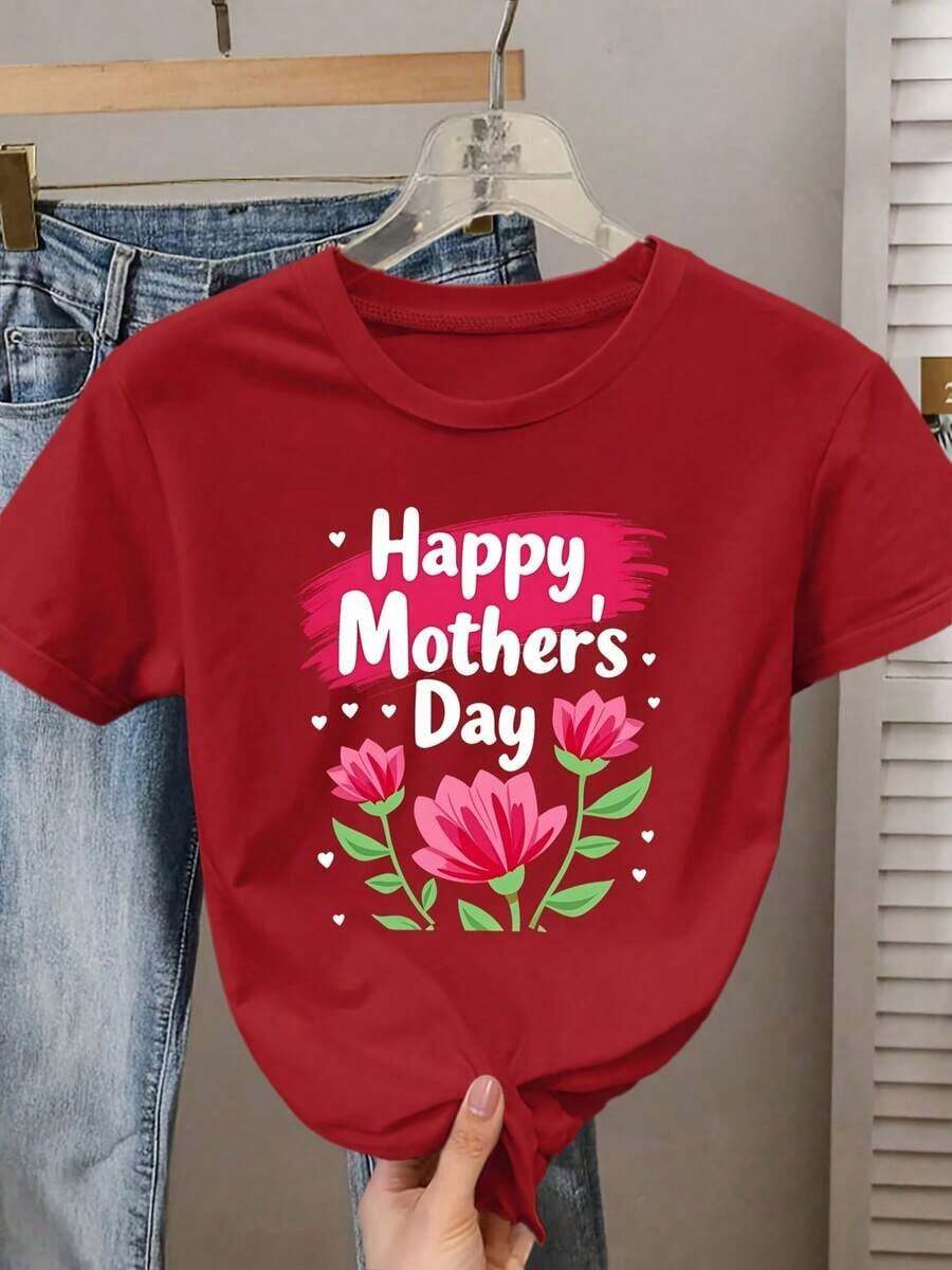NewSummerCasualElegant Women's Short Sleeve T-Shirt | Happy Mother's Day Floral Print, Crew Neck, Comfortable And Breathable, Vintage Style, Suitable For All Seasons, Sizes S-XXL - Vintage Street Style Unisex Loose Cotton Short Sleeve Crew Neck T-Shirt - [紅色的] - 查看 1