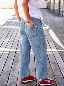 Women's Casual Straight-Leg Jeans, Drawstring Design, Long Length, Non-Stretch Fabric, Suitable For Daily Wear - Blue - View 2