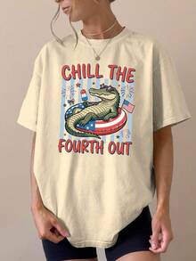 Summer Casual T-Shirt With American Flag Print - Casual Short-Sleeved Crew Neck T-Shirt With Flag Print, Machine Washable, Suitable For Independence Day, Ideal For Year-Round Wear, A Must-Have For Your Spring/Summer Wardrobe (Not A Basic T-Shirt). - 杏色 - 查看 12