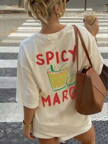 Nueva Camiseta de Verano Casual con Estampado de Bebidas Italianas, Cuello Redondo y Manga Corta, Ropa Casual Versátil y a la Moda para Mujer - Estilo Urbano Vintage, Camiseta Unisex de Algodón Holgada con Cuello Redondo y Manga Corta, blusas para mujer. blusas.blusas casuales para dama. - Albaricoque - Ver 4