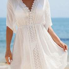 Women's V-Neck Lace Splice Solid Color Beach Cover-Up Dress Summer - Naranja - Ver 2