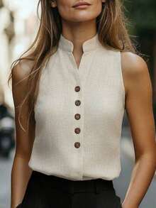 Blusa de verano de mujer de cuello en V sin mangas, de alta calidad, elegante y casual, adecuada para carnaval, Día del Trabajo, escuela, viajes, playa, calle, conjunto de verano.Blusas de lino para mujer de estilo casual de negocios.Últimas blusas elegantes y casuales de lino para mujer.Blusas de oficina para mujer.Blusas sin mangas para mujer de estilo casual de negocios.Camisas con botones para mujer.Blusas con cremallera y botones delanteros para mujer. - Albaricoque - Ver 4