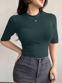 Camiseta casual de verano para mujer con cuello alto, manga corta, ajustada y envolvente, de uso versátil, ropa de vuelta al colegio - Verde - Ver 4