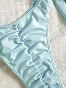 Swim Mod Conjunto de bikini sexy con decoración de estrella de mar metálica, unicolor, con lazos ajustables a los lados para mujer - Azul 2 - Ver 6