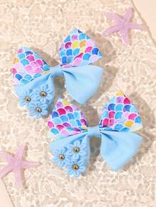 2pcs/Set Mermaid Hair Clips, Colorful Girly Hair Accessories, Fashion Fish Scale Print Satin Ribbon Bow Alligator Clips, Suitable For Summer Daily, Beach Party, Seaside Holiday, Coastal Beach Style Cute Hair Decor - Multicolor - View 3