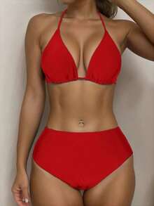 Conjunto de bikini de triángulo con taza sólida y ajustable de cintura alta sexy, para vacaciones de verano en la playa, color negro - Rojo - Ver 3