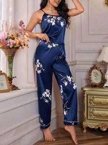 Conjunto de pijama con camisola y pantalones con estampado floral - Azul - Ver 5