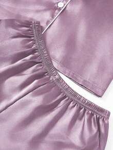 Conjunto de pijama de 3 piezas para mujer con cuello de seda falsa de unicolor y ribete contrastante - Púrpura malva - Ver 5