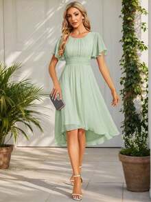 Vestido de dama de honor de gasa con pliegues y mangas con volantes, vestido de noche elegante para invitados de boda en primavera - verde menta - Ver 1