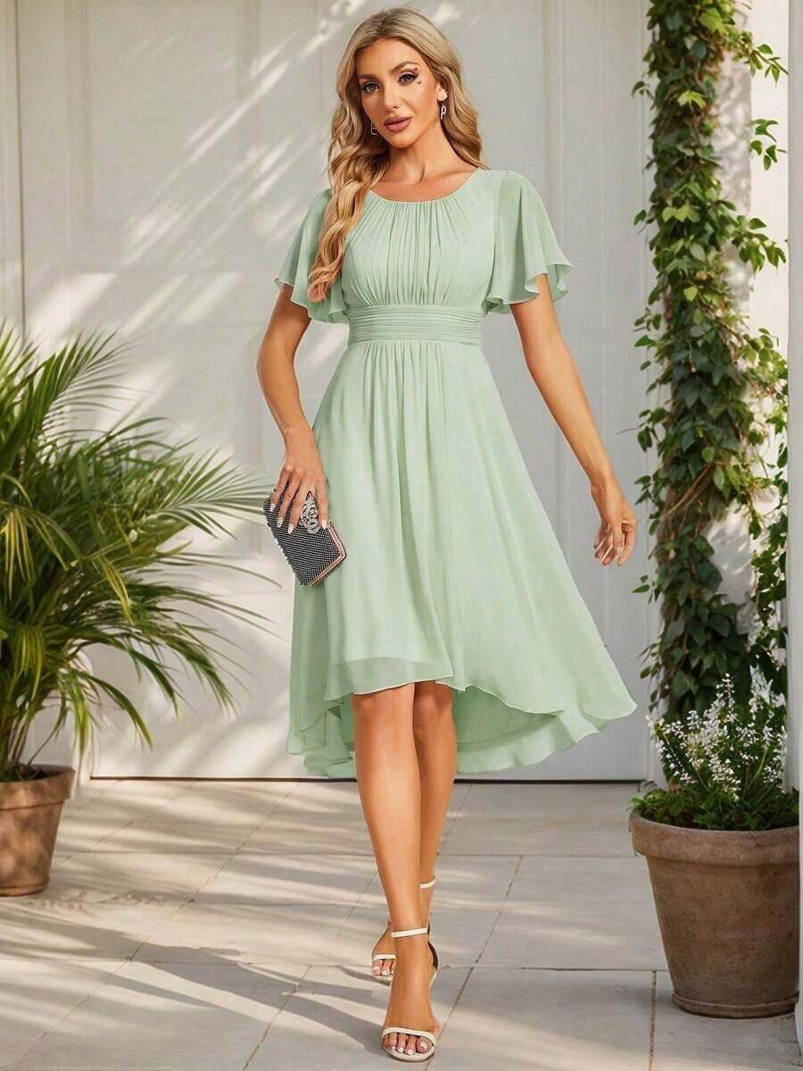 Vestido de dama de honor de gasa con pliegues y mangas con volantes, vestido de noche elegante para invitados de boda en primavera - verde menta - Ver 1