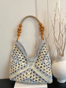 1 chiếc túi xách tay móc len đính hạt màu xanh dương và trắng, kiểu dáng Bohemian mùa hè, thích hợp cho du lịch biển hoặc những chuyến đi chơi xa, túi đeo vai dệt thủ công dành cho nữ. - Màu xanh nhạt - Xem 8