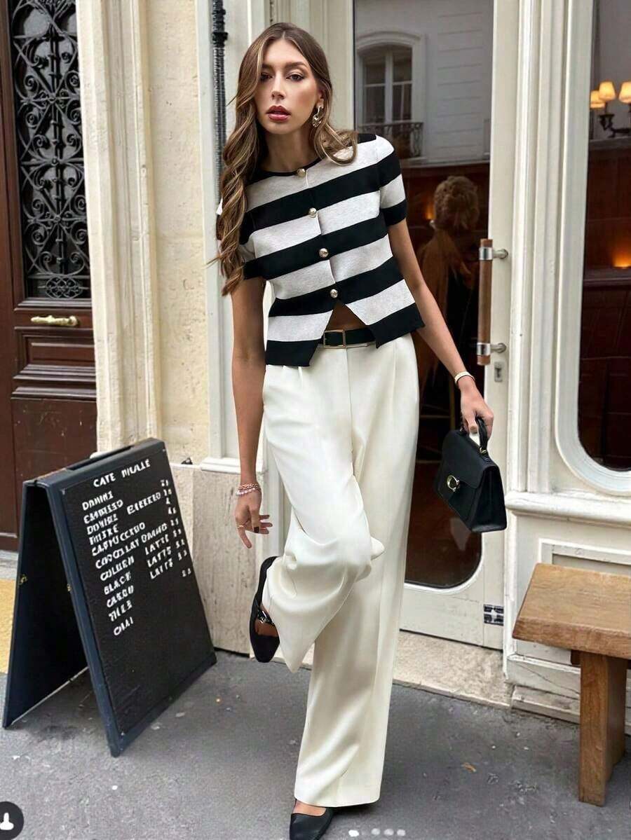 Blusa de punto de manga corta con rayas de color contrastante para mujer - Albaricoque - Ver 1
