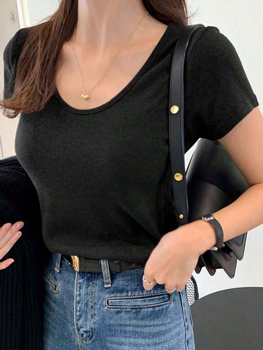 Camiseta básica de mujer de cuello redondo y manga corta, color marrón sólido, parte superior estilo universitario para primavera/verano - Negro - Ver 1