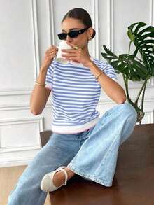 Tops de Punto A rayas Casual - Celeste - Ver 9