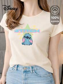 Women's T-Shirt Made Of 100% High-Quality Cotton, This T-Shirt Guarantees Exceptional Softness To The Touch, Round Neck With "Disney Stitch Star Retro" Print And Short Sleeves - 米色 - 查看 1