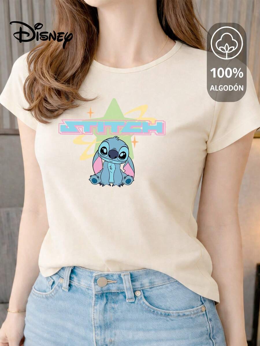 Women's T-Shirt Made Of 100% High-Quality Cotton, This T-Shirt Guarantees Exceptional Softness To The Touch, Round Neck With "Disney Stitch Star Retro" Print And Short Sleeves - 米色 - 查看 1