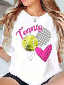 100% Cotton. Black Raglan T-Shirt With Tennis Racket, Ball, And Heart Print For Sports Enthusiasts. Soft. Women's Simple Solid Color T-Shirt, Loose And Slim Fit Casual Short Sleeve - 白色的 - 查看 6