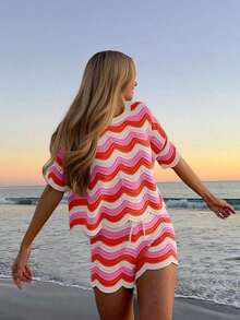 Conjunto de 2 piezas de top de manga corta de ganchillo hueco y pantalones cortos casuales de estilo europeo y americano para mujer, ideal para vacaciones y verano en la playa - Multicolor - Ver 4
