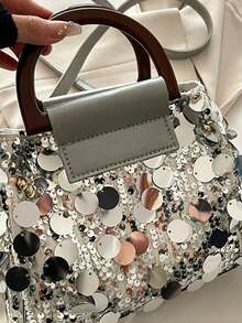 Silver Women's Crossbody Bag Set With Mini Pouch, Fashionable Metallic Texture Shoulder Handbag, 2026 Small Square Women's Bag, Minimalist PU Leather Wallet, Fashionable Chain Strap Messenger Bag For Daily Outings, Shopping, Parties, Lightweight Luxury Designer-Inspired Tote Clutch, Elegant Y2K Street Style For Office, Dates, Vacation, Dinner, Gift Bag - Multicolor - View 4