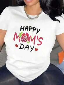 Camiseta estampada de mujer con temática del Día de la Madre, hecha de poliéster, ideal para usar en casa, en la sala de estar. La tela es duradera y cómoda, lo que la convierte en un regalo perfecto para las madres. Diseño de moda con estampado de rosas, ligero y transpirable, adecuado para uso diario informal -- Cuello redondo casual para uso diario. Playera para verano. - Blanco - Ver 1