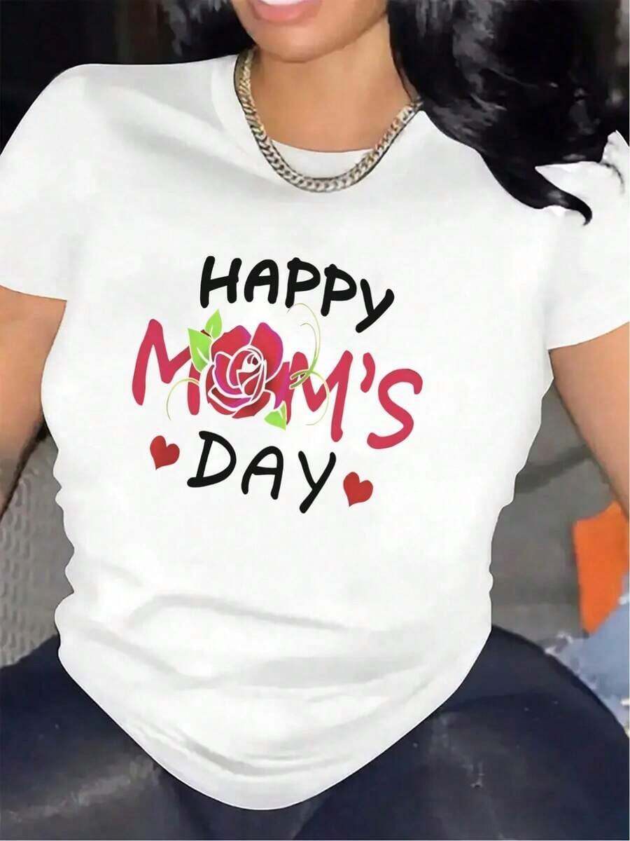 Camiseta estampada de mujer con temática del Día de la Madre, hecha de poliéster, ideal para usar en casa, en la sala de estar. La tela es duradera y cómoda, lo que la convierte en un regalo perfecto para las madres. Diseño de moda con estampado de rosas, ligero y transpirable, adecuado para uso diario informal -- Cuello redondo casual para uso diario. Playera para verano. - Blanco - Ver 1