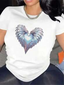 Women's Lightweight, Short-Sleeved Printed T-Shirt With A Heart And Angel Wing Design, Perfect For Lounging At Home, Going To Cafes, Or Enjoying Outdoor Activities. Comfortable And Durable, Ideal For Everyday Wear. Soft Fabric. Summer T-Shirt - 白色 - 查看 8