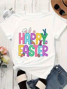 Camiseta de Mujer 2026, Nueva Llegada, Camiseta de Pascua con Orejas de Conejo y Letras Coloridas para Mujer, Camiseta para el Festival de Primavera, Diseño de Huevo de Pascua y Zanahoria, Lindo Atuendo de Pascua, Camiseta de Moda para Mujer - Blanco - Ver 3