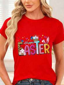 GiftCamiseta de  con Estampado de Pascua Feliz y Conejo Colorido para Fiestas de PrimaveraSoft - Rojo - Ver 1