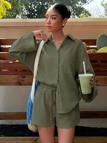 Conjunto de camisa tejida blanca y pantalones cortos de verano, nuevo y casual para vacaciones de mujer - Verde militar - Ver 4