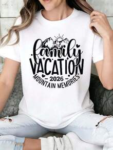 Women's Short Sleeve Crew Neck T-Shirt With Print - Family Holiday Mountain Memories 2026 - Sizes S-3XL - Fashionable, Comfortable And Breathable - Machine Washable - 白色 - 查看 1