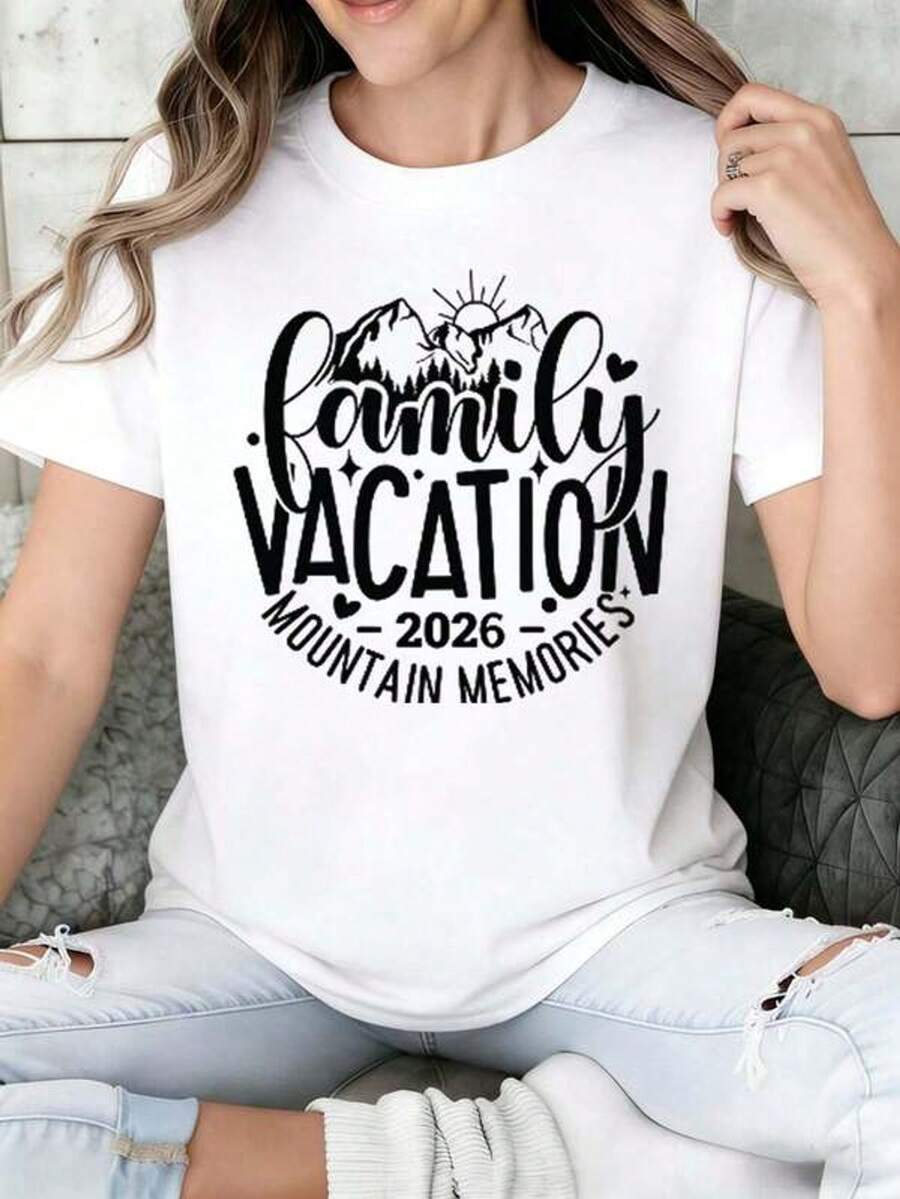 Women's Short Sleeve Crew Neck T-Shirt With Print - Family Holiday Mountain Memories 2026 - Sizes S-3XL - Fashionable, Comfortable And Breathable - Machine Washable - 白色 - 查看 1
