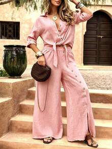 Women's Long Sleeve Loose Fit Shirt Set With Tie Hem, Single Button Decorated Wide Leg Pants, Casual All Season Outfit, Womenswear BXNZ - 橄欖綠 - 查看 6