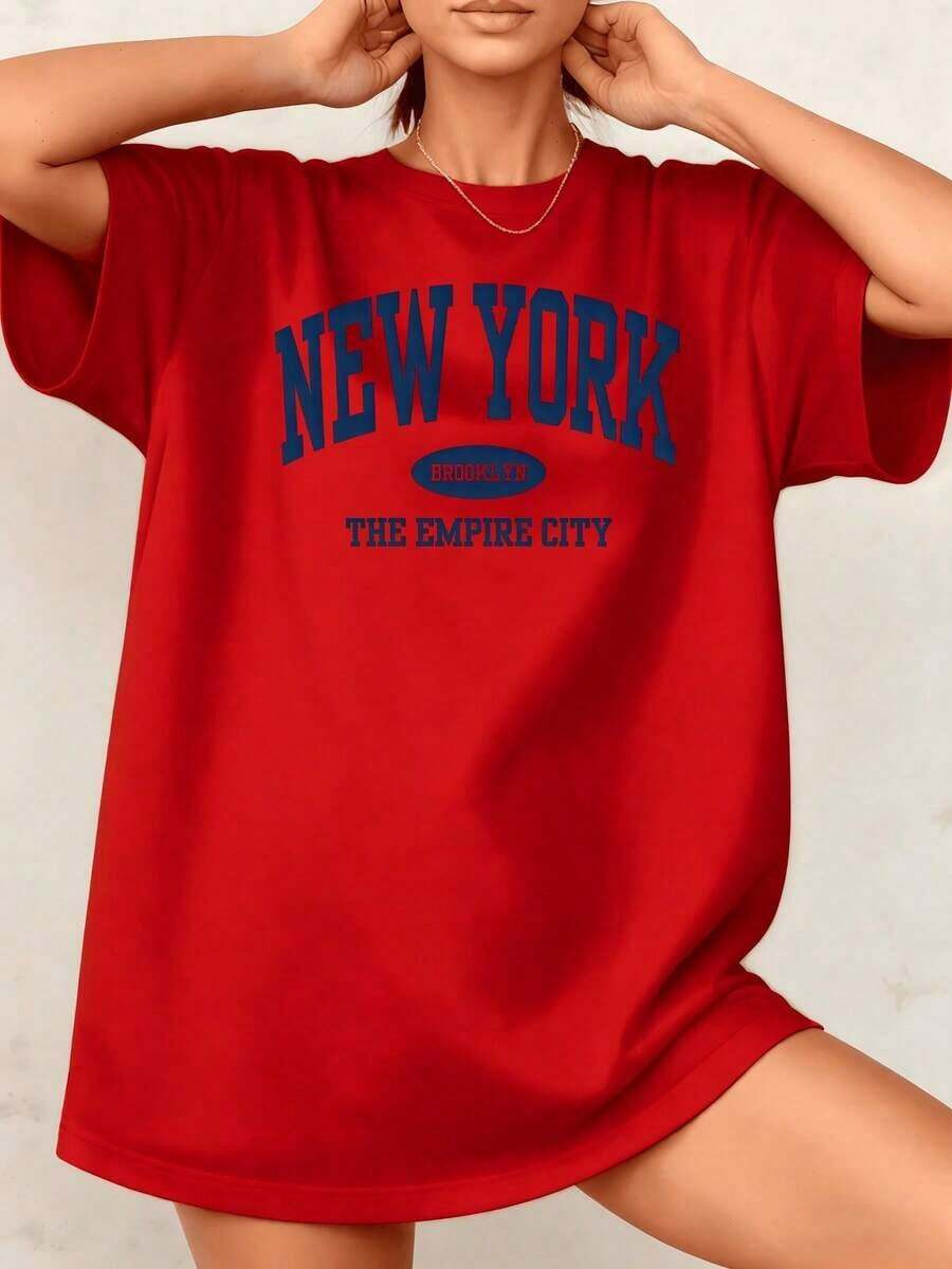 1 Piece Of Women's Retro Style T-Shirt Featuring New York, Brooklyn, Empire City, With Vintage Graphic Print, Urban Travel Theme, 100% Cotton, Round Neck. - 紅色 - 查看 1