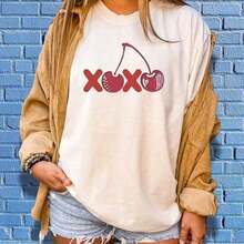 1 Piece, New For Summer 2026, XXO Women's Short-Sleeved Crew Neck T-Shirt With Vintage Cherry Print, Soft Off-White Cotton Top, Relaxed Casual Style, Suitable For Everyday Outings, Commuting To Campus, Weekend Get-Togethers, Versatile And Easy To Wear, A Must-Have For Vintage Style Lovers. - 白色 - 查看 5