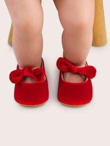 1 Pair Solid Color Newborn Baby Girl Flat Bow Elastic Slip-On Fashion Versatile Cute Princess Shoes, Suitable For Spring And Autumn - Red - View 3