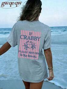 Women's Graphic T-Shirt "If You're Grumpy, Please Go Back To The Beach" With Salty Print, 100% Cotton, Double-Sided Print, Casual Summer Style, Plus Size | Summer Clothes | Vacation Clothes - Women's World Cup Print T-Shirt, 100% Cotton, Short Sleeve, Crew Neck, Casual Style - 淺灰色 - 查看 4