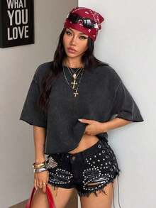 Women's Graphic Tee, Vintage Y2K Style, Casual Hip-Hop Style, Going Out, Oversized, Lip Print, For Everyday Urban Autumn Wear. - 灰色 - 查看 4