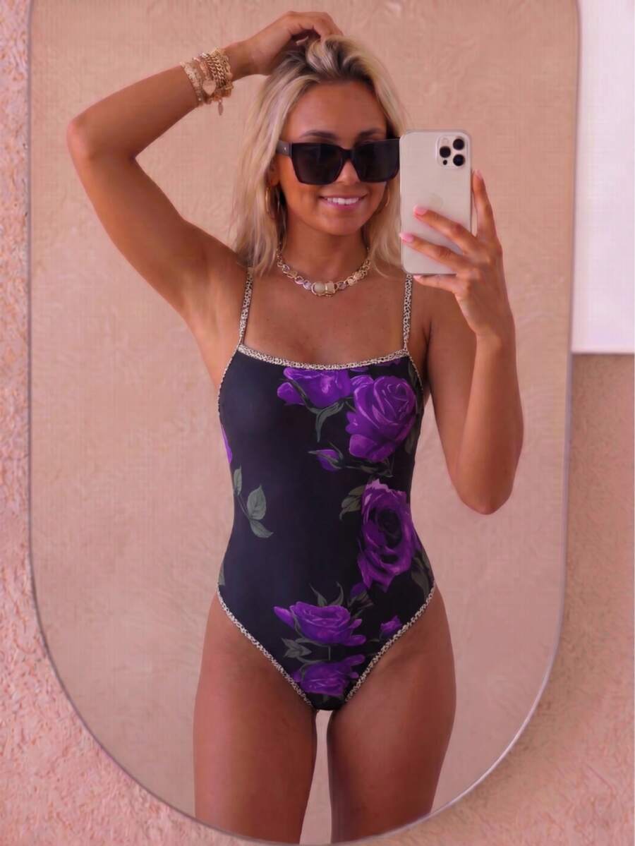 August vacation 女款優雅紫色花卉印花性感連身泳衣,波西米亞風,定位印花海灘度假泳裝,夏季假期 - 彩色 - 查看 1